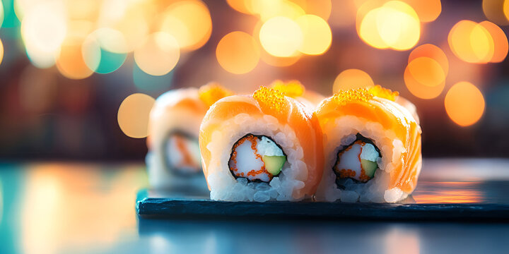 Fresh Sushi Rolls with Vibrant Background Lighting