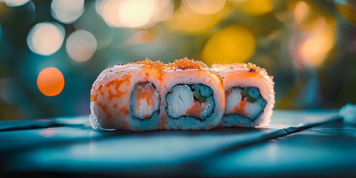 Fresh Sushi Rolls with Vibrant Background Lighting