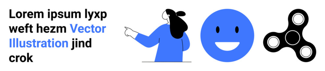 Person in blue points right, beside a large blue happy face, black and white fidget spinner, and placeholder text in blue and black. Ideal for education, tech, youth engagement, wellness, stress