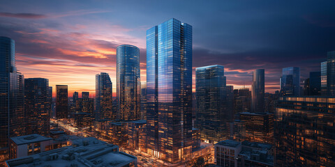 Fototapeta premium Modern City Skyline with Office Buildings and Drone View at Sunset