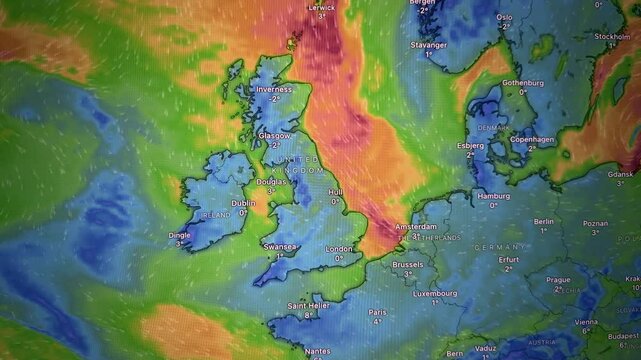 Wind Movement Map in Europe, Loop Video
