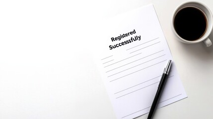 A registration confirmation document alongside a coffee cup and pen on a clean surface, symbolizing successful completion of a process.