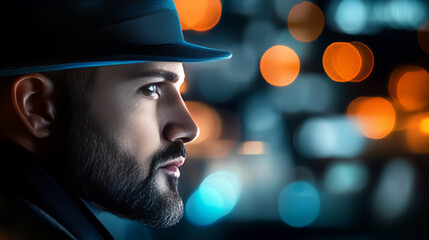 Banner featuring a mysterious man in a hat with a contemplative look against a background of blurred city lights