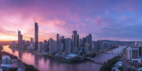 Fototapeta premium Modern City Skyline with Office Buildings and Drone View at Sunset