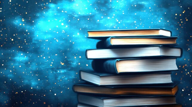 A stack of books sits against a mesmerizing cosmic background filled with stars and vivid blue hues. - Powered by Adobe