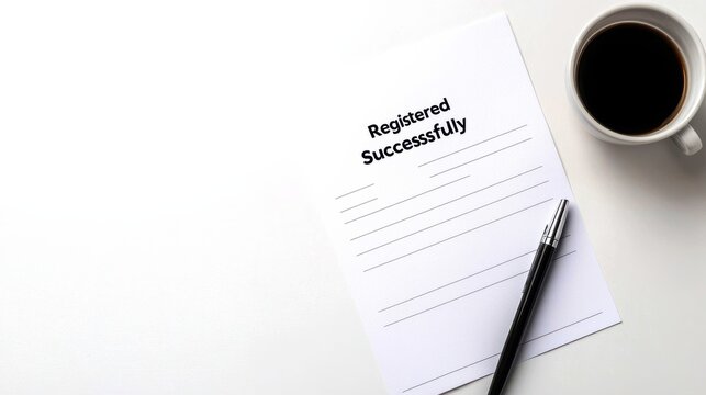 A registration confirmation document alongside a coffee cup and pen on a clean surface, symbolizing successful completion of a process.