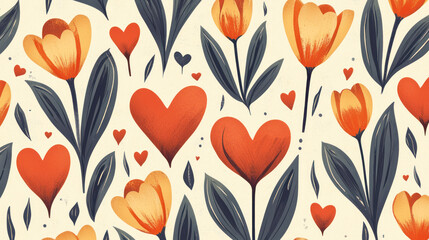 Retro Pattern with Hearts and Tulips Inspired by 1950s Design, Perfect for Vintage-Inspired Projects, Fabrics, and Stylish Backgrounds
