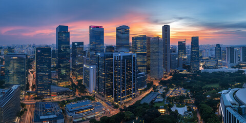 Fototapeta premium Modern City Skyline with Office Buildings and Drone View at Sunset