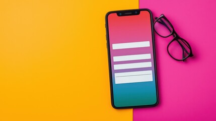 A smartphone displaying a colorful login screen, accompanied by a pair of glasses, set against a vibrant orange and pink background.