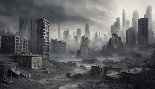 A melancholic surreal scene of a cityscape where every building is crumbling into dust, representing despair, futuristic, matte painting, muted grays.