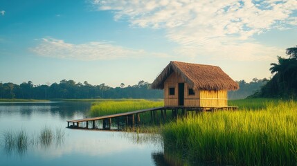 Obraz premium Tranquil bamboo hut on serene lake surrounded by lush green grass and trees under a clear blue sky during golden hour, perfect for eco-tourism imagery