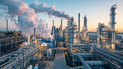 busy but organized refinery plant with towering structures and steam. scene captures industrial atmosphere at sunset, showcasing pipes and equipment