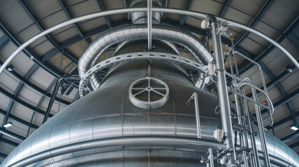 Fototapeta premium close up view of distillation tower showcasing its metallic structure and intricate piping. industrial design highlights engineering behind refining process