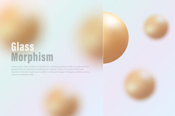 Landing page in glass morphism style, transparent frosted glass partition with golden spheres on light background.