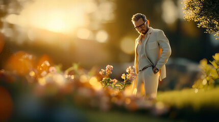 Banner: Character Strolling Amidst Blossoms Under Golden Hue Of Sunrise In Garden Setting