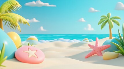 Fototapeta premium A vibrant beach scene with colorful decorations and natural elements.