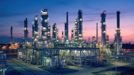 Fototapeta premium photo of refinery at night with bright lights illuminating structures, showcasing industrial architecture against colorful sky