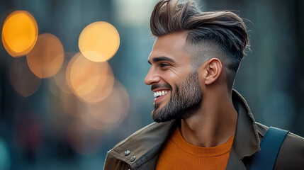 Banner of man smiling, wearing brown jacket, orange sweater, vibrant city lights, evening, happiness, candid, joyful moment captured in urban canvas.