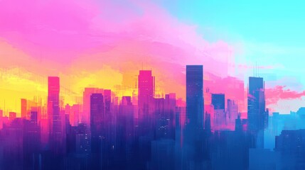 Fototapeta premium A vibrant city skyline at sunset, featuring a blend of pink, orange, and blue hues, creating a dreamy atmosphere.