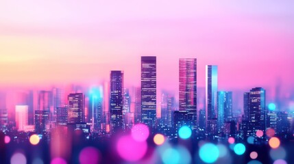 A vibrant city skyline at sunset, featuring colorful lights and skyscrapers against a soft pastel sky.