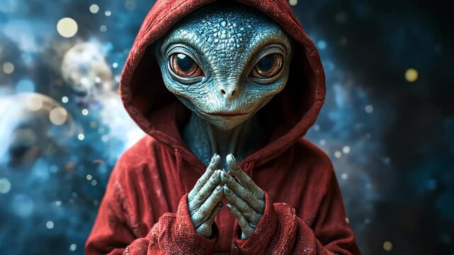 A Mysterious Alien Figure in a Red Hoodie Gazing Thoughtfully Against a Cosmic Background