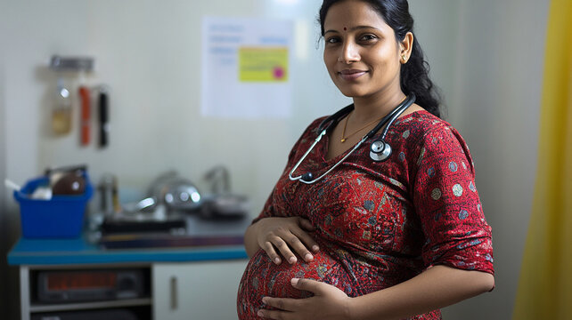 pregnant woman in red patterned dress with stethoscope, smiling warmly