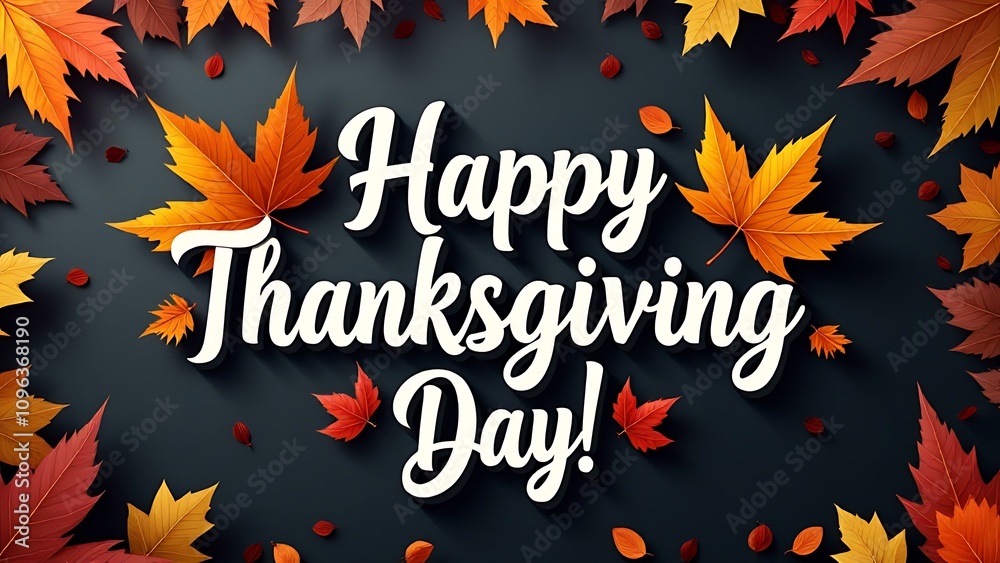 Poster Happy Thanksgiving Day vector design features an isolated typography logo surrounded by autumn leaves on a chalk background in realistic style.