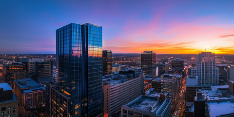 Fototapeta premium Modern City Skyline with Office Buildings and Drone View at Sunset