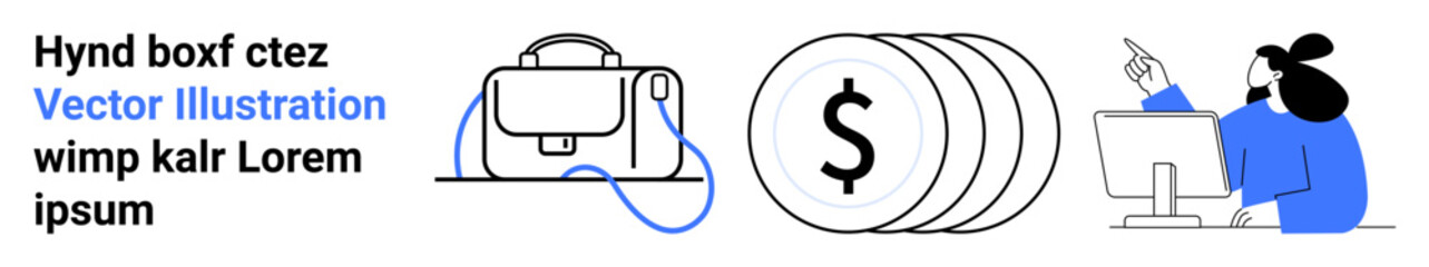 Briefcase, coins symbolizing money, person at computer pointing at financial data. Ideal for business strategies, financial planning, investment, marketing, e-learning, presentations, advertisements