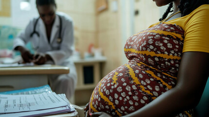 Detail of pregnant woman belly in medical setting, showing care and anticipation