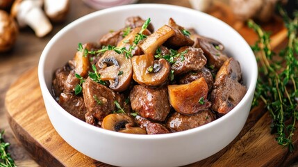 Savory meat dish with tender mushrooms and fresh herbs, beautifully arranged in a white bowl, perfect for inspiring gourmet culinary creations.