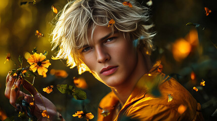 Vibrant banner showcasing character amidst colorful flowers with strong sunlight highlighting golden hair