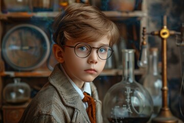 Young boy wearing round glasses and a vintage outfit, posing in a laboratory setting filled with scientific equipment