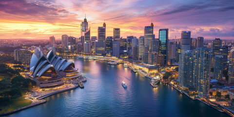 Obraz premium Modern City Skyline with Office Buildings and Drone View at Sunset