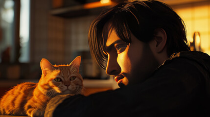 Banner featuring a man and an orange cat sitting together in warm indoor lighting, showcasing companionship and cozy atmosphere