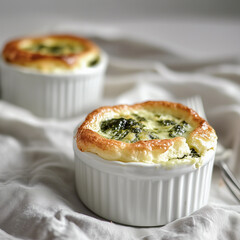 French spinach soufflé with a golden, airy crust, served in a porcelain ramekin, cozy bistro setting
