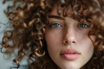 Fototapeta premium Close up portrait of a beautiful young woman with curly hair, freckles, and captivating blue eyes, showcasing natural beauty and confidence