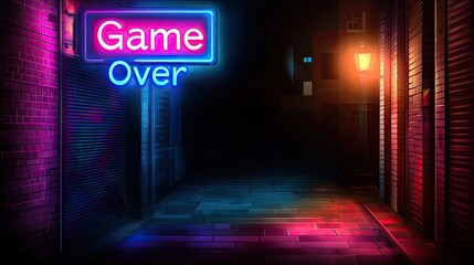 A neon "Game Over" sign illuminates a dark alley, creating a moody atmosphere with colorful lights and shadows.