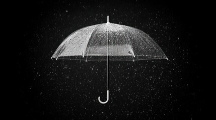A transparent umbrella surrounded by falling rain droplets.