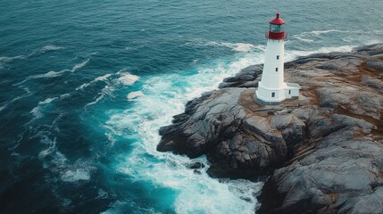 A white lighthouse standing tall on a rocky shore, surrounded by gentle ocean waves.