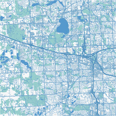 Map of Novi in Michigan in a professional blue style. Contains layered vector with roads water, parks, etc.