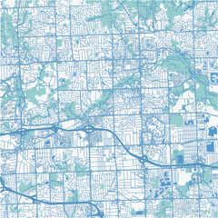 Map of Rochester Hills in Michigan in a professional blue style. Contains layered vector with roads water, parks, etc.