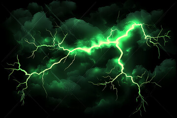 A dramatic depiction of green lightning striking through dark storm clouds.