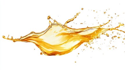 An artistic splash of golden yellow liquid frozen in motion, isolated on a bright white background.