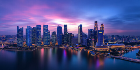 Obraz premium Modern City Skyline with Office Buildings and Drone View at Sunset