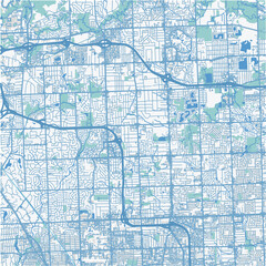 Map of Troy in Michigan in a professional blue style. Contains layered vector with roads water, parks, etc.
