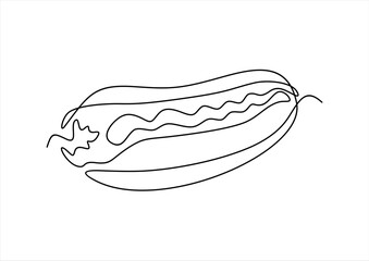 Continuous one line drawing of American hot dog cafe logotype template concept. Fast food hotdog, food market logo emblem. Trendy single line draw design vector illustration