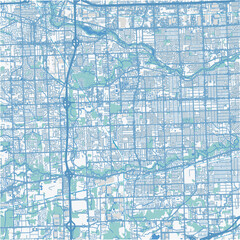 Map of Westland in Michigan in a professional blue style. Contains layered vector with roads water, parks, etc.