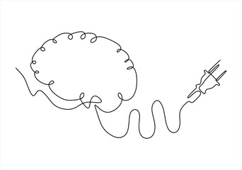 Continuous one line drawing of brain and plug. Creative idea inspiration generator - infographic concept banner 