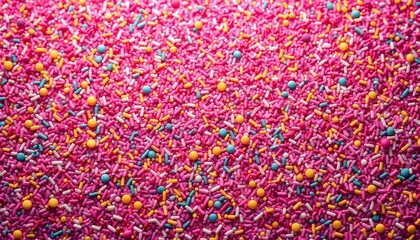 Trendy pattern of colorful sprinkles for background of design banner, poster, flyer, card, postcard, cover, brochure over pink. flat lay of colorful sprinkles over white background, festive decoration